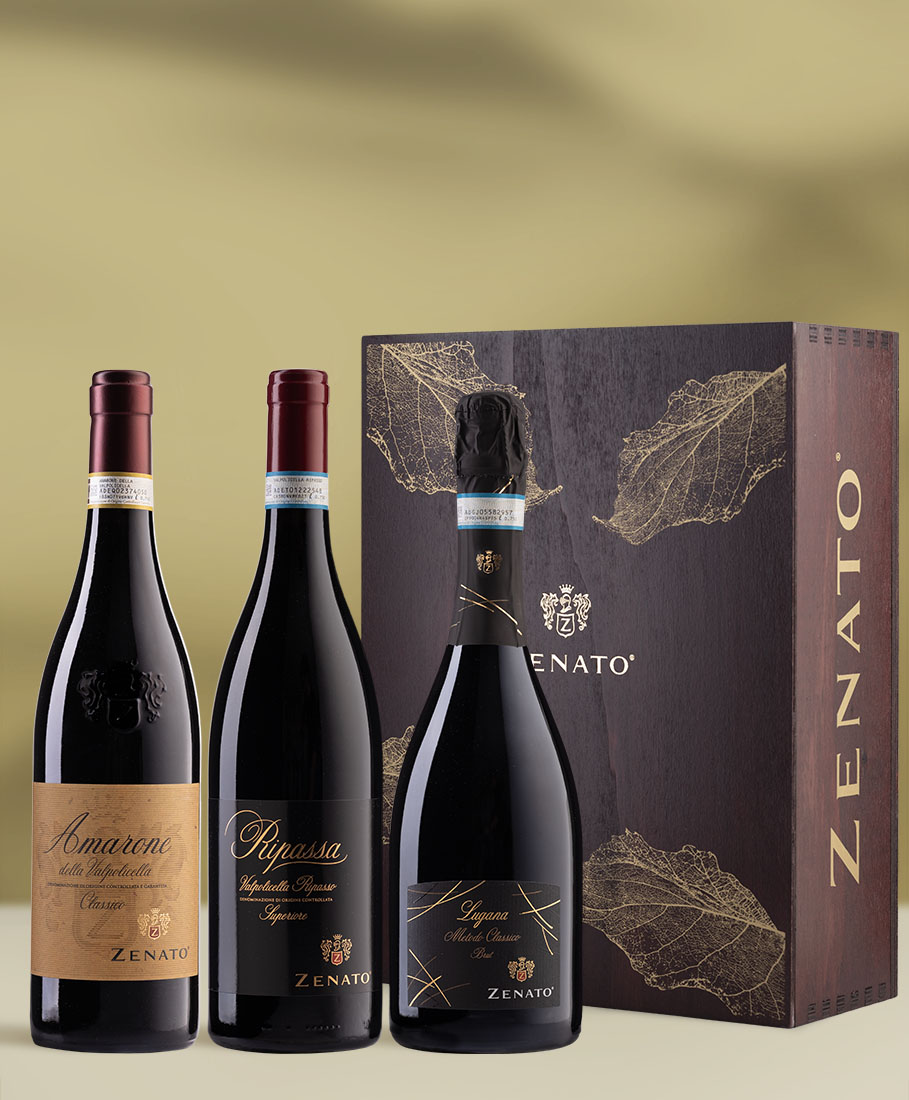 Foglia Oro wooden case Zenato Amarone ripassa lugana brut